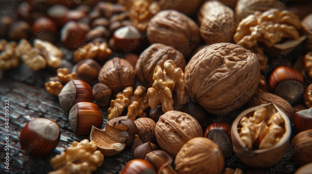 A collection of nuts and their shells on a table, great for still life photography or food styling A collection of nuts and their shells on a table, great for still life photography or food styling