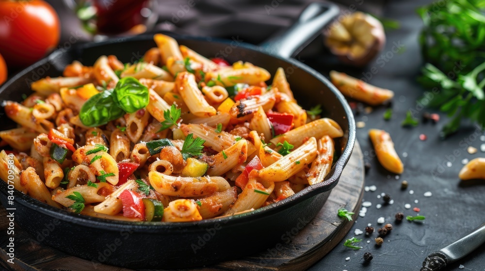 A photo of a skillet of pasta with mixed vegetables on a table, great for food and lifestyle concepts