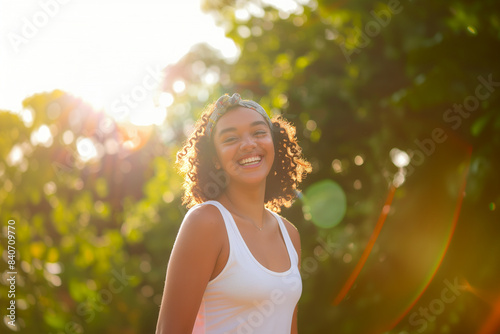 Femme métisse souriante en plein air avec un bandeau photo
