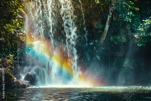A waterfall with a rainbow in the air