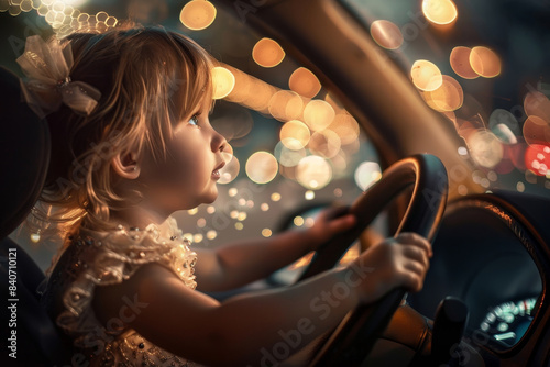 A young girl is driving a car with her hands on the wheel