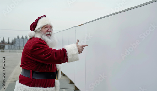 Père Noël pointant vers un mur, fond blanc photo