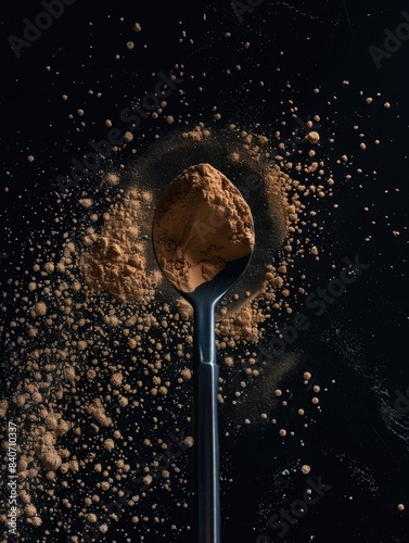 A spoon holding a scoop of powdered substance, likely for baking or cooking purposes © vefimov