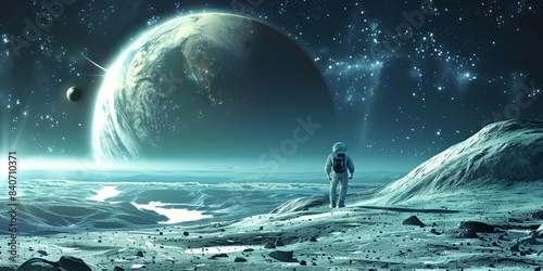 man standing on a rocky surface in front of a planet and a distant star