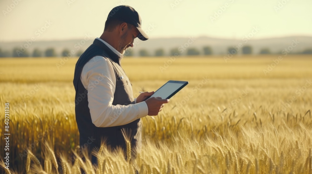 A person holding a tablet amidst a wheat field, possibly working or relaxing A person holding a tablet amidst a wheat field, possibly working or relaxing