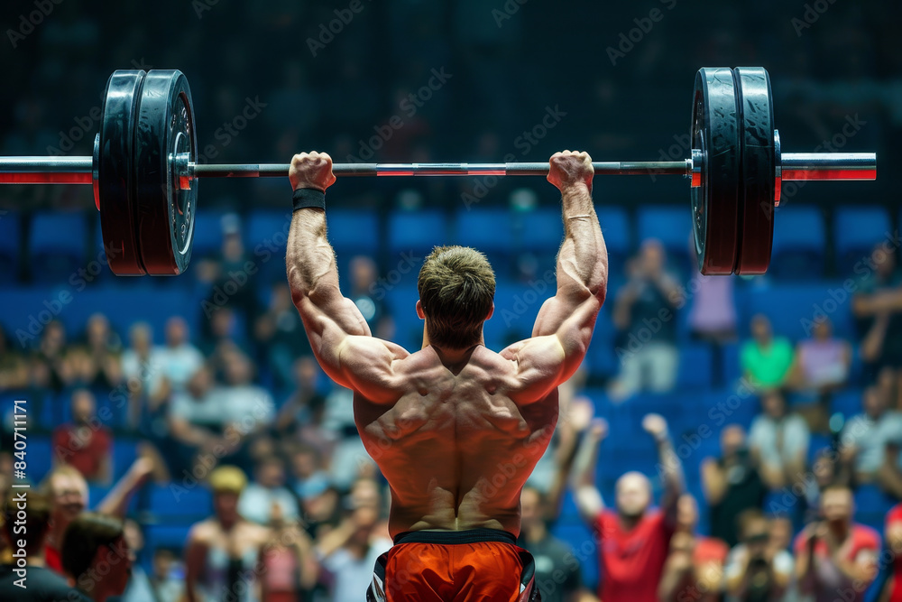 Naklejka premium A man is lifting a heavy weight in front of a crowd