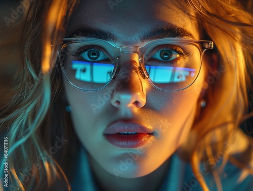 Young focused woman working on computer, reflection of typing hands in eyewear. AI © Falk