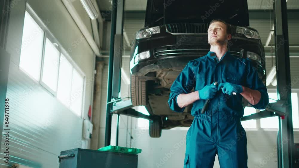 Handsome Caucasian man standing before car which held by two-post lift. Worker in uniform holding with hands wrench while standing before broken automobile. Professional engineer. Auto service concept Handsome Caucasian man standing before car which held by two-post lift. Worker in uniform holding with hands wrench while standing before broken automobile. Professional engineer. Auto service concept