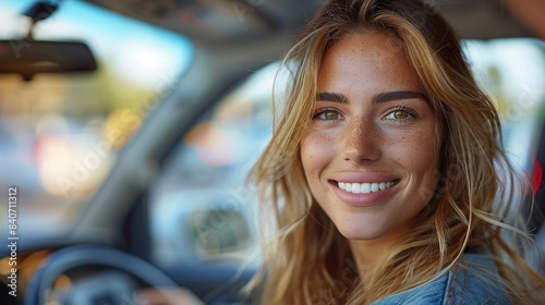 Happy Woman Driving Car, Smiling in Bright Summer Day © andriyyavor