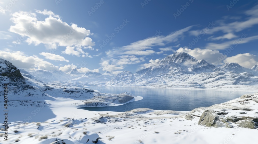 Snowy mountain landscape with a serene lake at its base, surrounded by trees