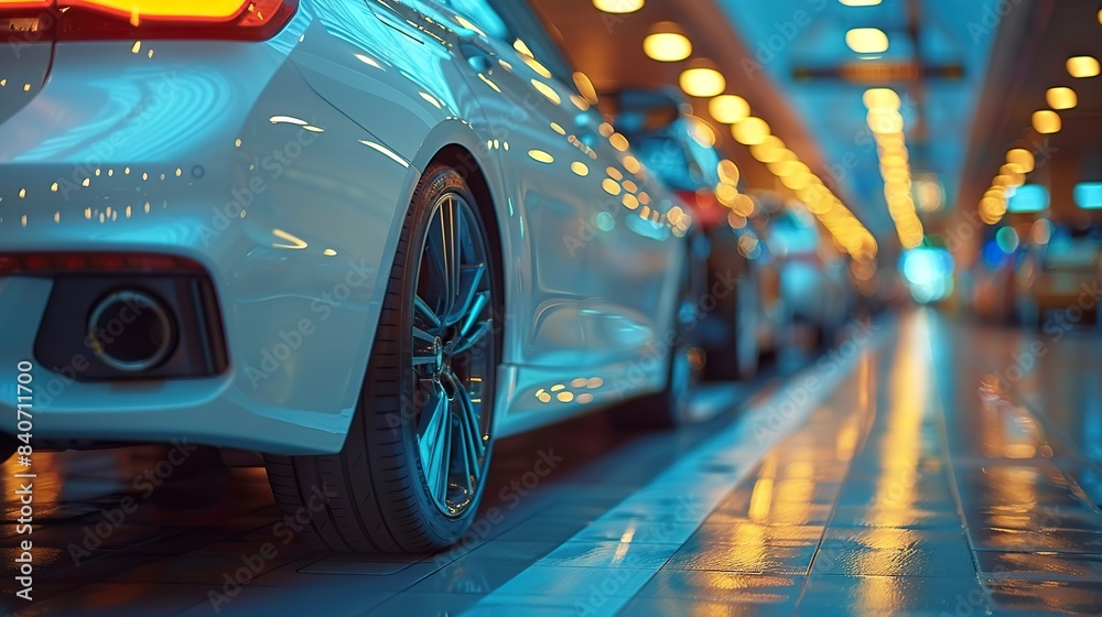 Luxury Car Parked Indoors with Reflections on Floor Luxury Car Parked Indoors with Reflections on Floor