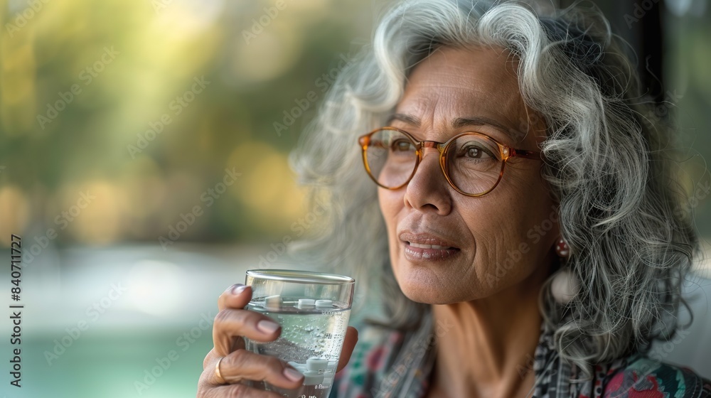 Elderly Woman Drinking Water and Reflecting Outdoors Elderly Woman Drinking Water and Reflecting Outdoors