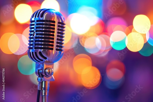 A close-up shot of a microphone surrounded by colorful stage lights