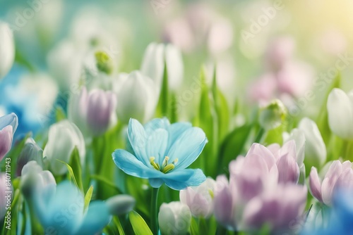 A field of flowers with a blue flower in the middle