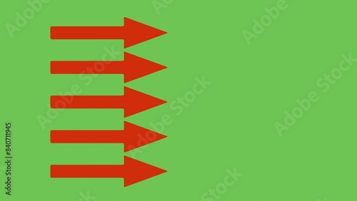 five 3D red arrows pointing to the right on a green screen
