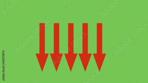 five 3D red arrows pointing down on a green screen
