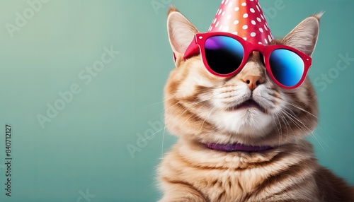 A cat wearing sunglasses and a party hat