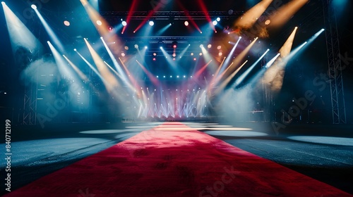 Red carpet on a grand stage,by a dramatic spotlight background
