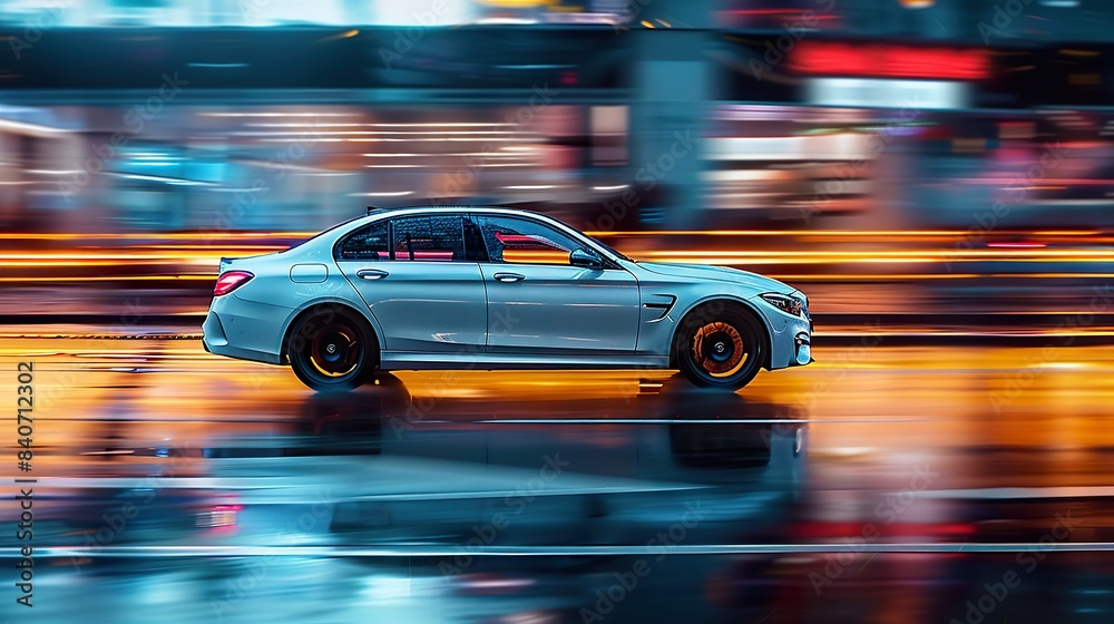 Sleek Car Speeding Through City Streets At Night Sleek Car Speeding Through City Streets At Night