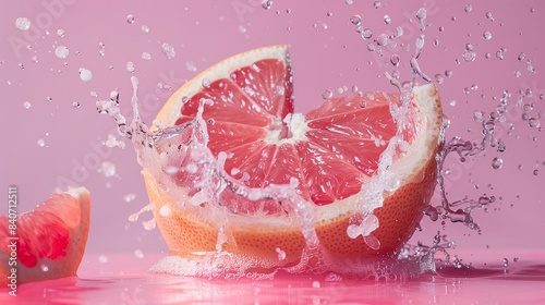 A grapefruit cut in half  with its pink flesh and a splash of juice 