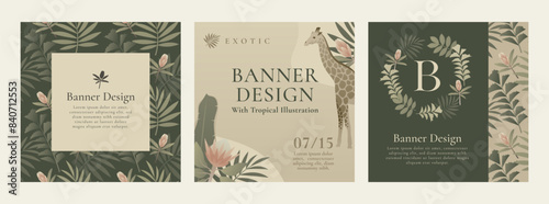 Tropical square card template set. Summer exotic vector background collection. Seamless pattern design with giraffe, green leaves and flowers.