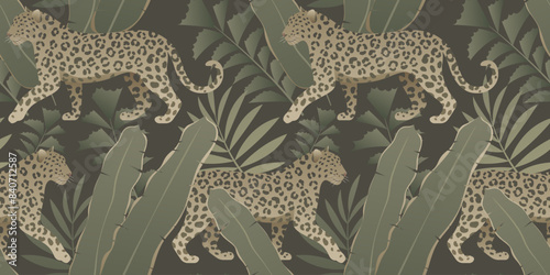 Leopard or jaguar seamless pattern design. Elegant summer tropical background. Repeating vector print of exotic animal with green leaves on dark.