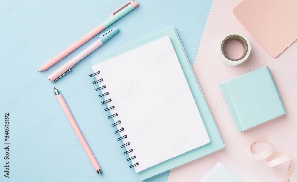 Open blank notebook with pastel stationery on a light blue background Open blank notebook with pastel stationery on a light blue background