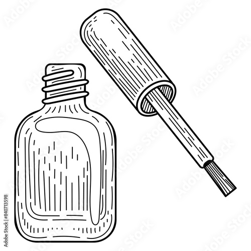 Gel polish for nails line art. Manicure tool. Open bottle with a brush. Hand drawn vector sketch illustration. Decorative cosmetics.