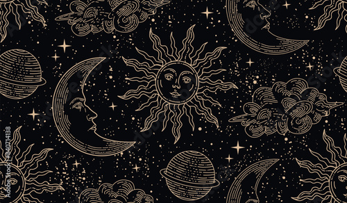 Seamless pattern with magical elements. Set of linear vector illustrations. Heavenly illustrations. 
Starry sky. Pattern with sun and moon. Moon with a human face. The sun with a human face.
