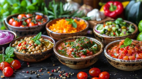 Assortment of Delicious Middle Eastern Dishes in Rustic Bowls on a Wooden Table