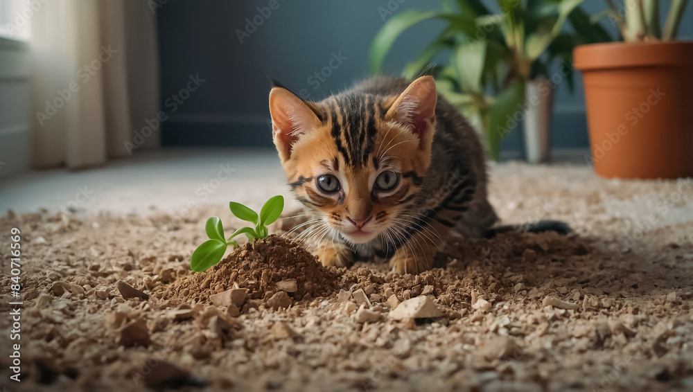 Kitten at home, flowerpot, earth mess Kitten at home, flowerpot, earth mess