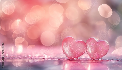 Two Pink Hearts on Table with Blurred Background and Heart-Shaped Bokeh in Soft Pastel Colors