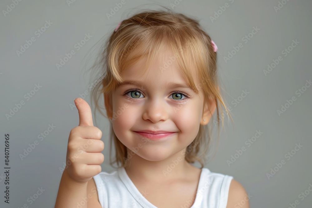 Cute Blonde Girl Smiling and Showing Thumbs Up in White Tank Top, Isolated Background, Summer Concept Cute Blonde Girl Smiling and Showing Thumbs Up in White Tank Top, Isolated Background, Summer Concept