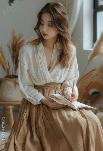 Woman Writing in Notebook by Window With Brown Skirt and White Shirt