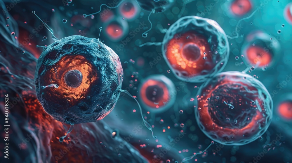 Close-up view of red and blue cells under a microscope, highlighting their detailed structure in a scientific and medical context. Close-up view of red and blue cells under a microscope, highlighting their detailed structure in a scientific and medical context.