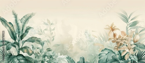 Illustration of tropical wallpaper print design with palm banana leaves and birds on canvas texture. Tropical plants and birds on textured background. AI generated illustration