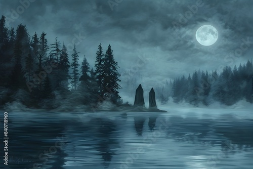 Ethereal Specters Adrift on a Misty Moonlit Lake photo