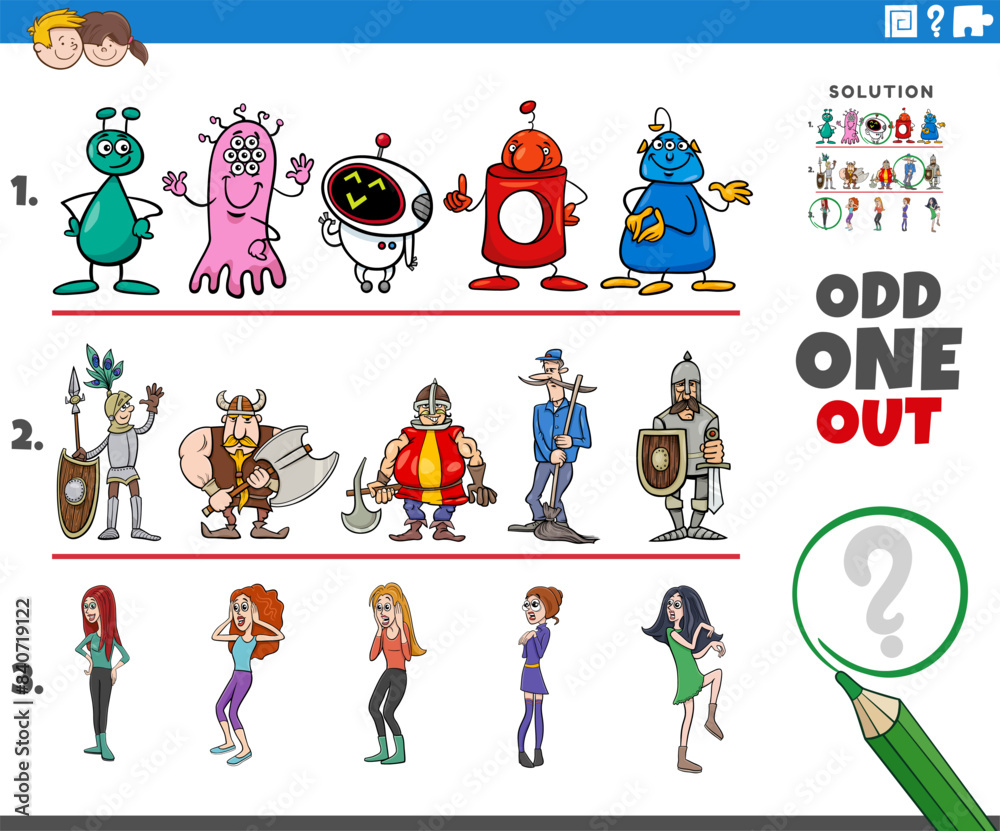 Fototapeta premium odd one out activity game with cartoon characters