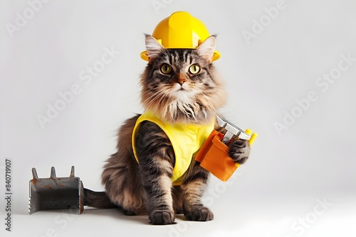 Cute Cat Construction Worker in Gear Isolated on White Background