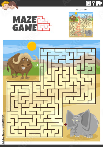 maze game with cartoon buffalo and elephant animals