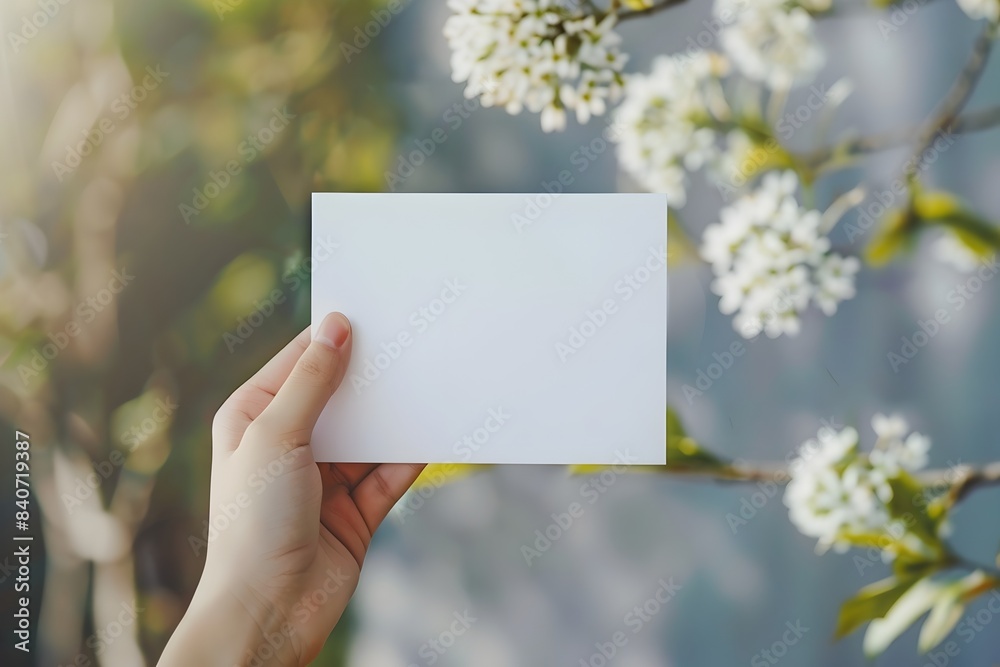 a hand holding a blank white card against a backdrop of blurred white flowers a hand holding a blank white card against a backdrop of blurred white flowers