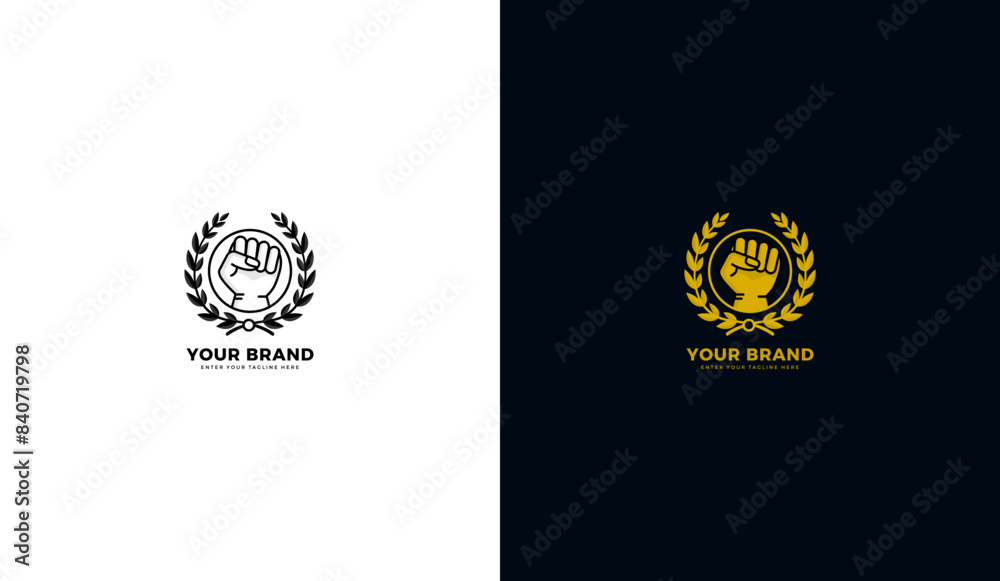 Naklejka premium Spirit vintage logo. Spirit icon, circular rice, clenched fist. Graphic vector illustration design