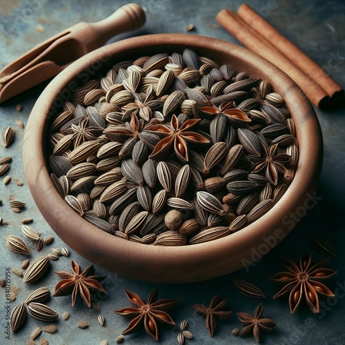 149 86. Fennel seeds_ Small, oval seeds with a licorice-like fla photo