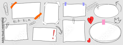 Hand drawn sheets of paper, frames for notes, notes, blank forms for notes. Vector graphics for a post on social networks, media, website