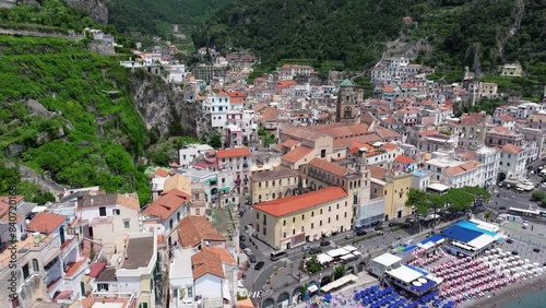 Wallpaper Mural Aerial drone fly of Maiori resort village, Amalfi coast, Italy, Beautiful Italian Villa on a rocky seashore by the Porto di Maiori Aerial drone view of scenic Mediterranean Town with the blue sea.  Torontodigital.ca