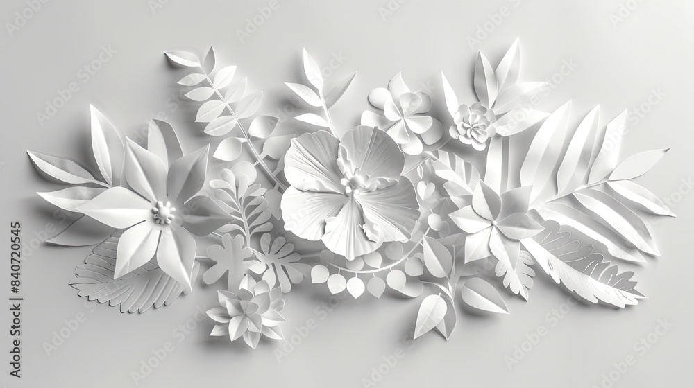A minimalist composition featuring intricate paper art of delicate white leaves and flowers against a pristine white backdrop. A minimalist composition featuring intricate paper art of delicate white leaves and flowers against a pristine white backdrop.