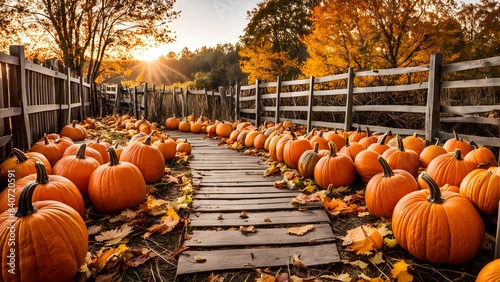 Pumpkin Patch In Autumn Photorealism Golden Hour. Generative AI