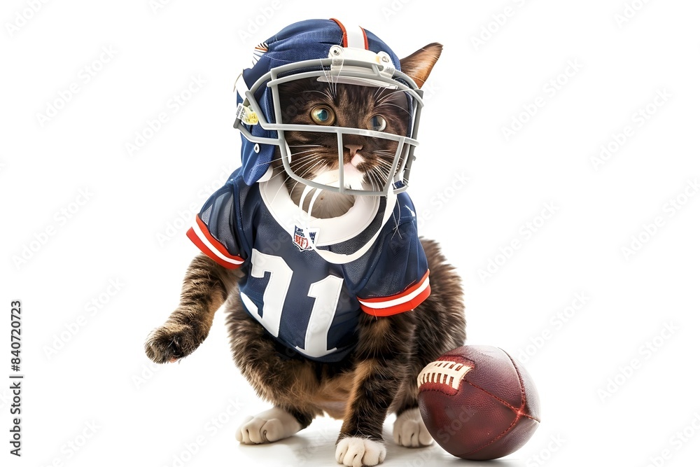 Feline Football Player in Uniform and Helmet with Ball on White Feline Football Player in Uniform and Helmet with Ball on White