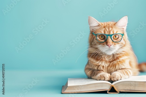 Cute ginger cat wearing glasses, reading a book against a blue background. Adorable feline intellectual study concept.