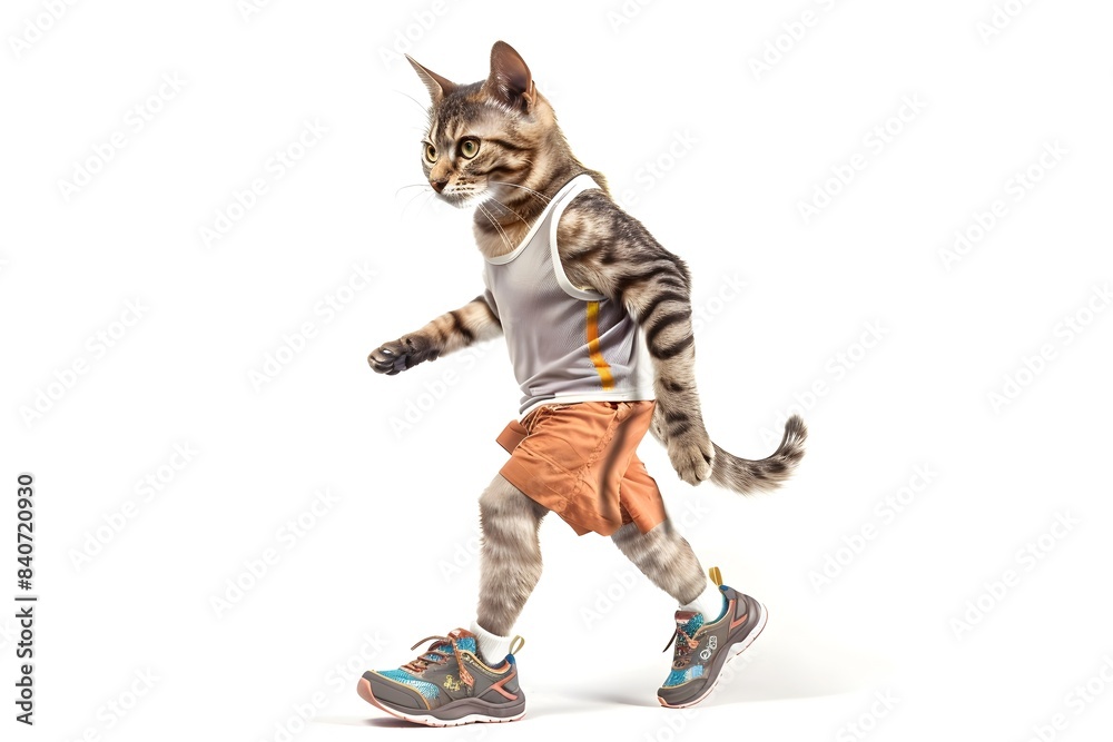 Fototapeta premium Energetic Cat Athlete in Sporty Running Outfit on White Background